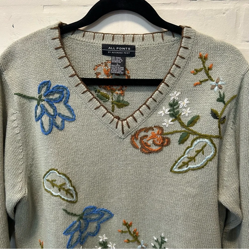 Vtg All Points Sage Green Floral Embroidered V Neck Cottagecore Sweater Sz L - Picture 3 of 7